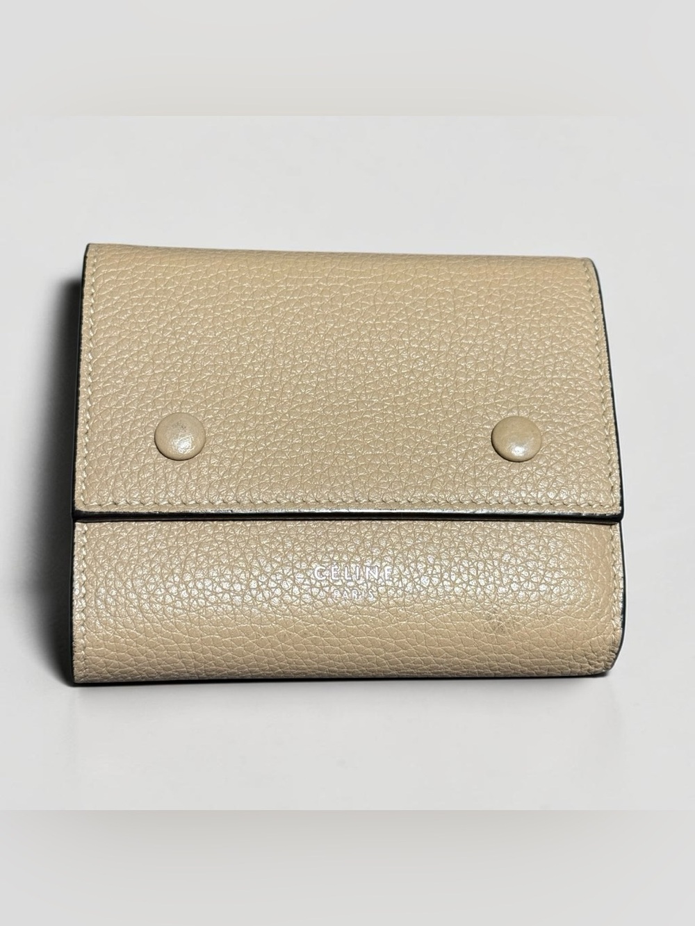Celine Beige Pebbled Leather Compact Trifold Snap Wallet